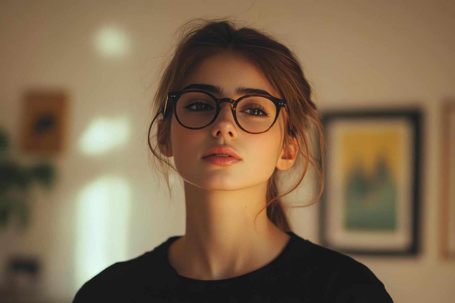 A woman wearing glasses in a room photo