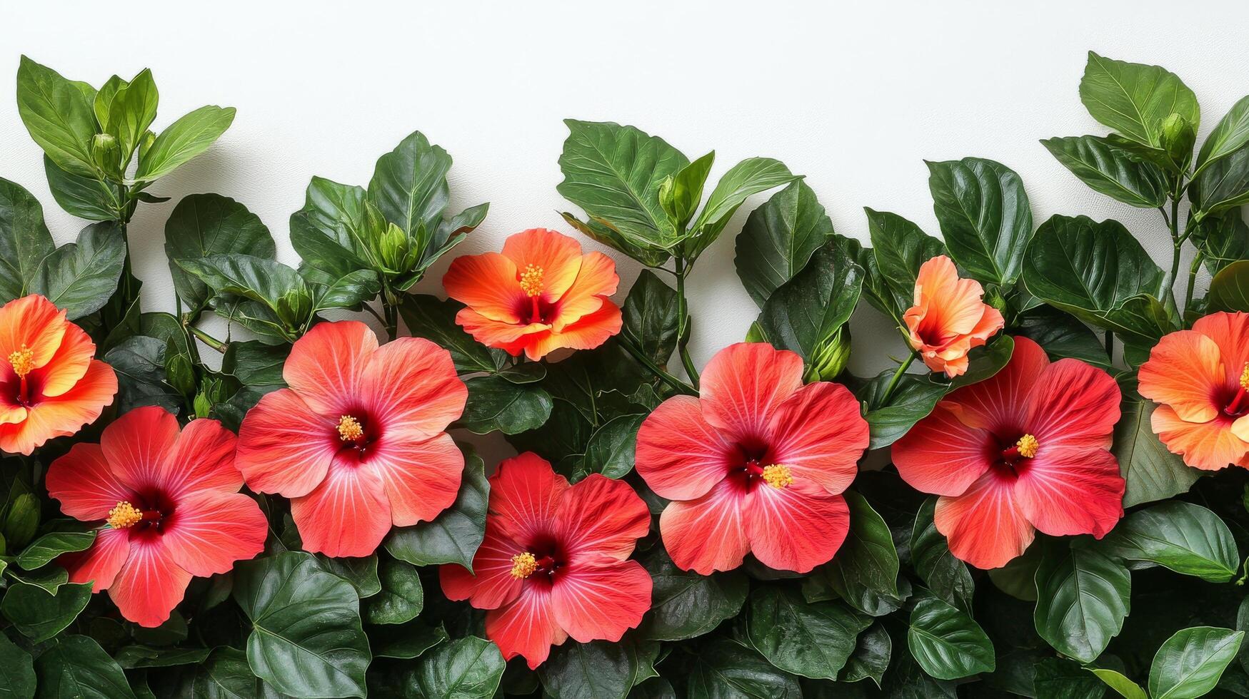 A row of red and orange flowers are arranged in a row photo