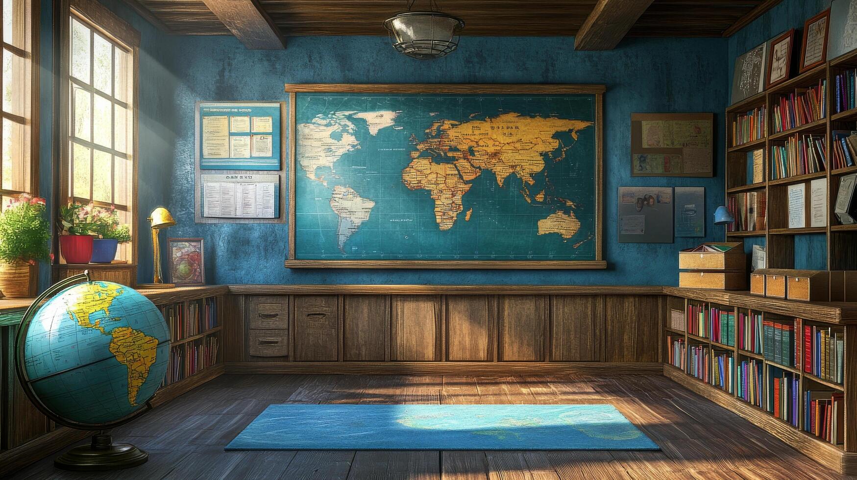 A room with books and a map on the wall photo