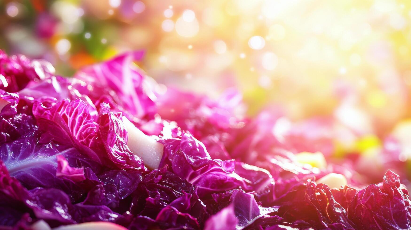 Purple cabbage is shown in the foreground with sunlight photo