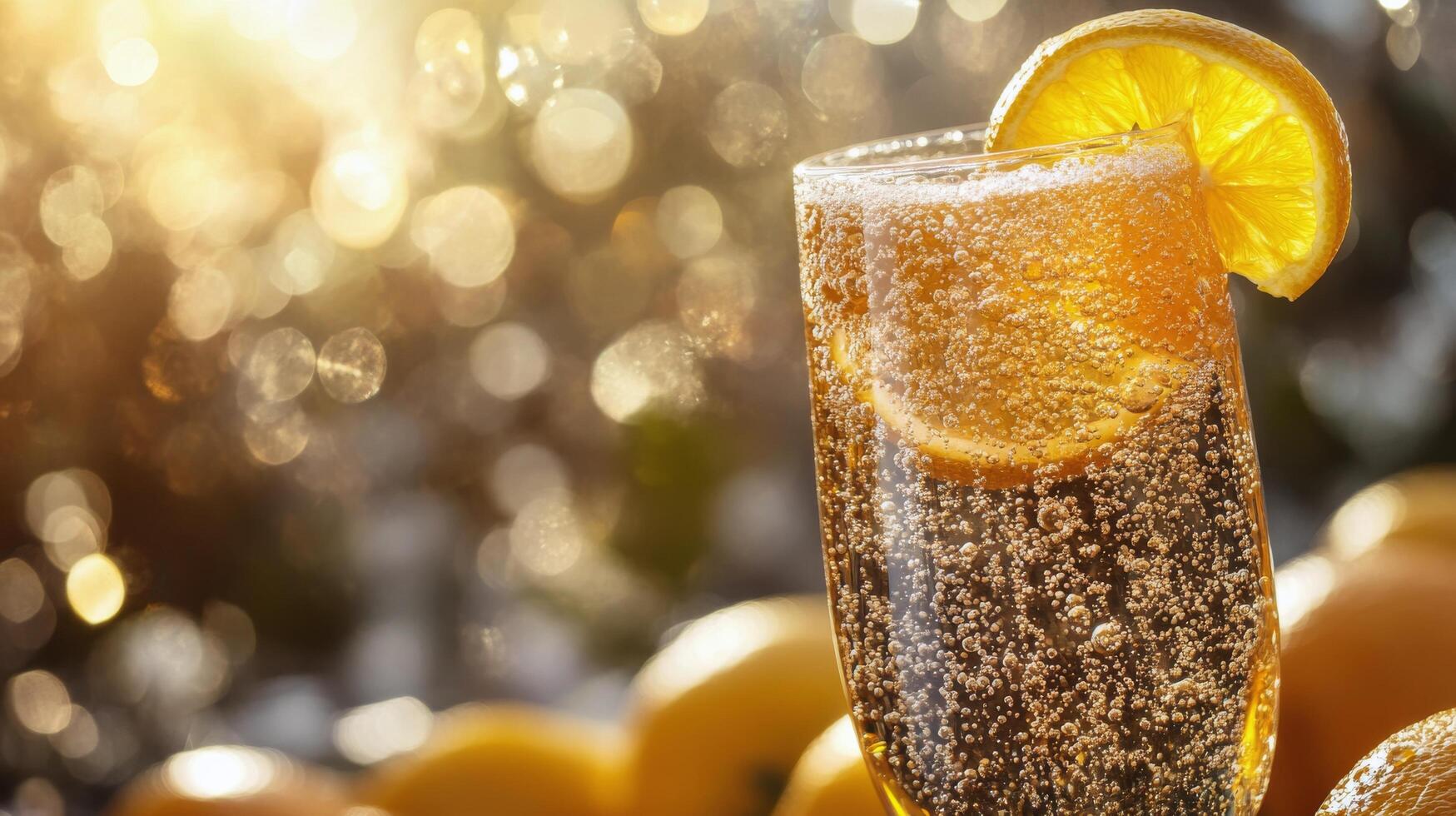 Refreshing sparkling drink with lemon slice against a sunny backdrop and blurred background photo