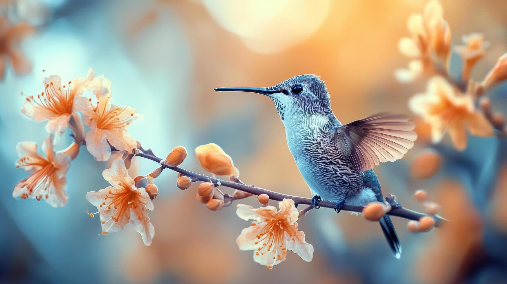 Hummingbird perched on a branch among blooming flowers at twilight photo