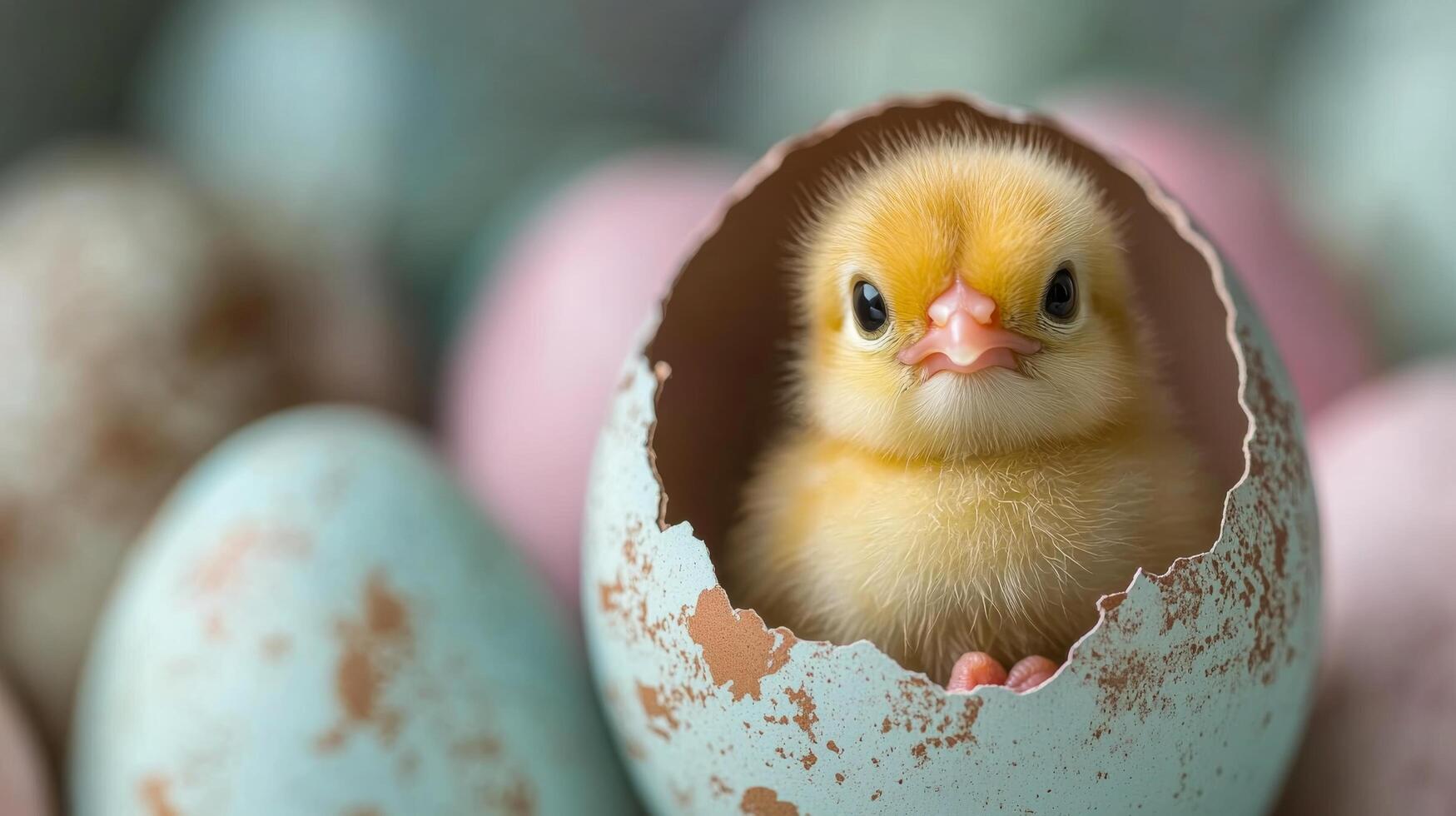 Chick hatching from a colorful egg in a gently lit environment during spring season photo