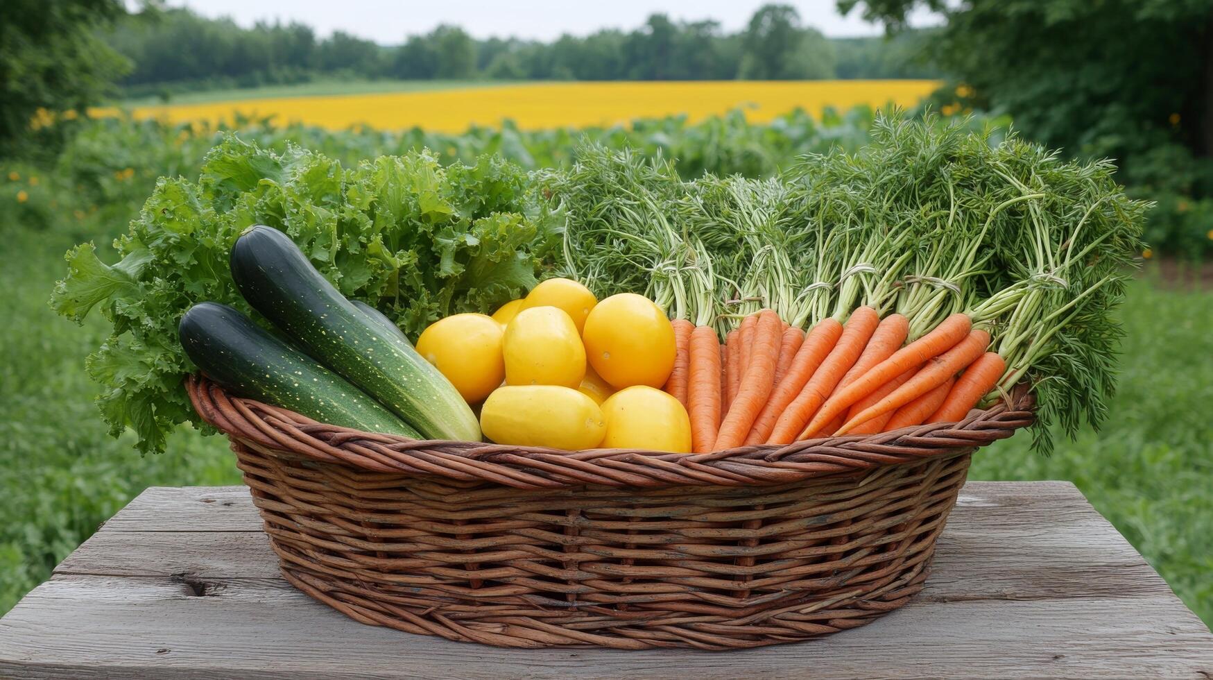 A basket of vegetables sitting on a wooden table photo