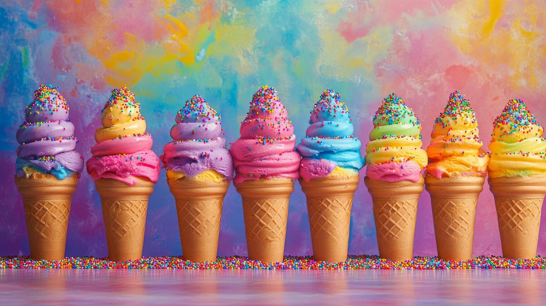 Soft serve ice cream cones in pastel colors arranged in a dessert shop setting with playful decor photo