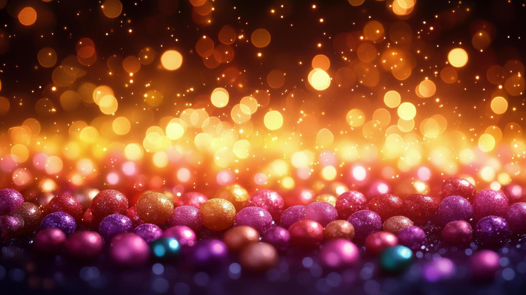 Vibrant display of colorful decorative beads with a shimmering bokeh background at a festive celebration photo