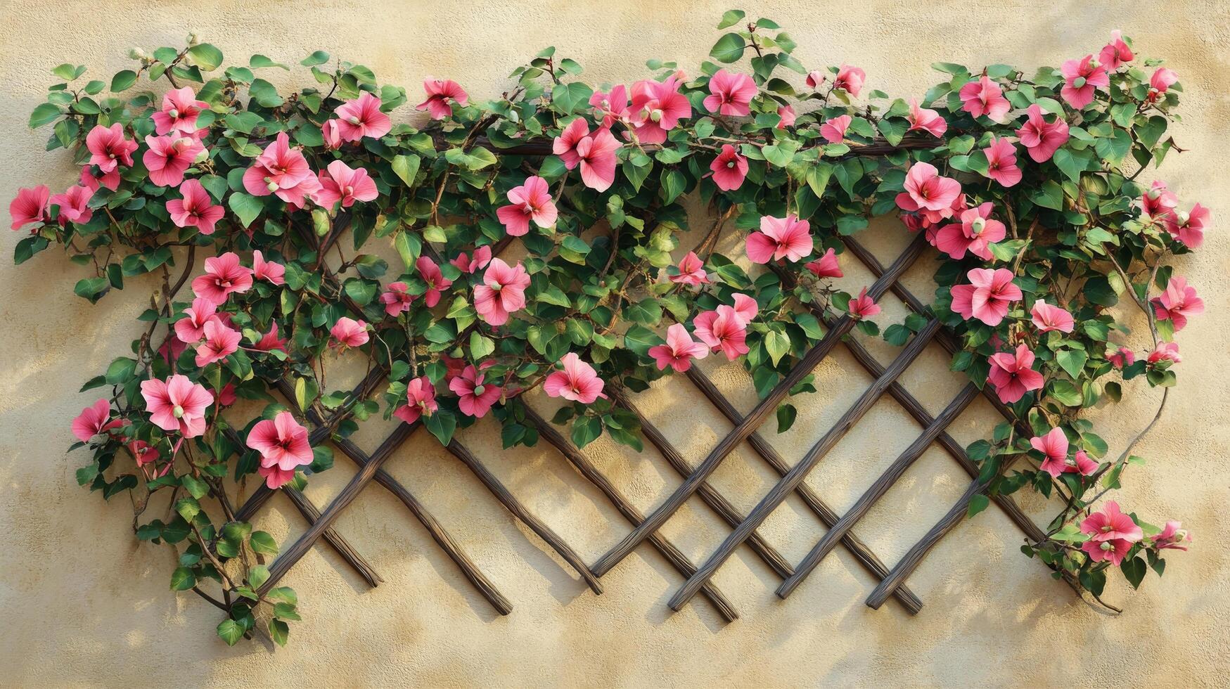 A wall with pink flowers growing on it photo