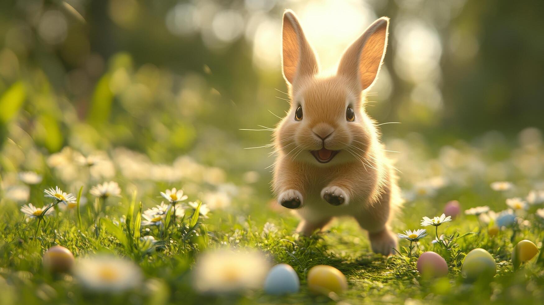 A small brown rabbit running through a field of flowers photo