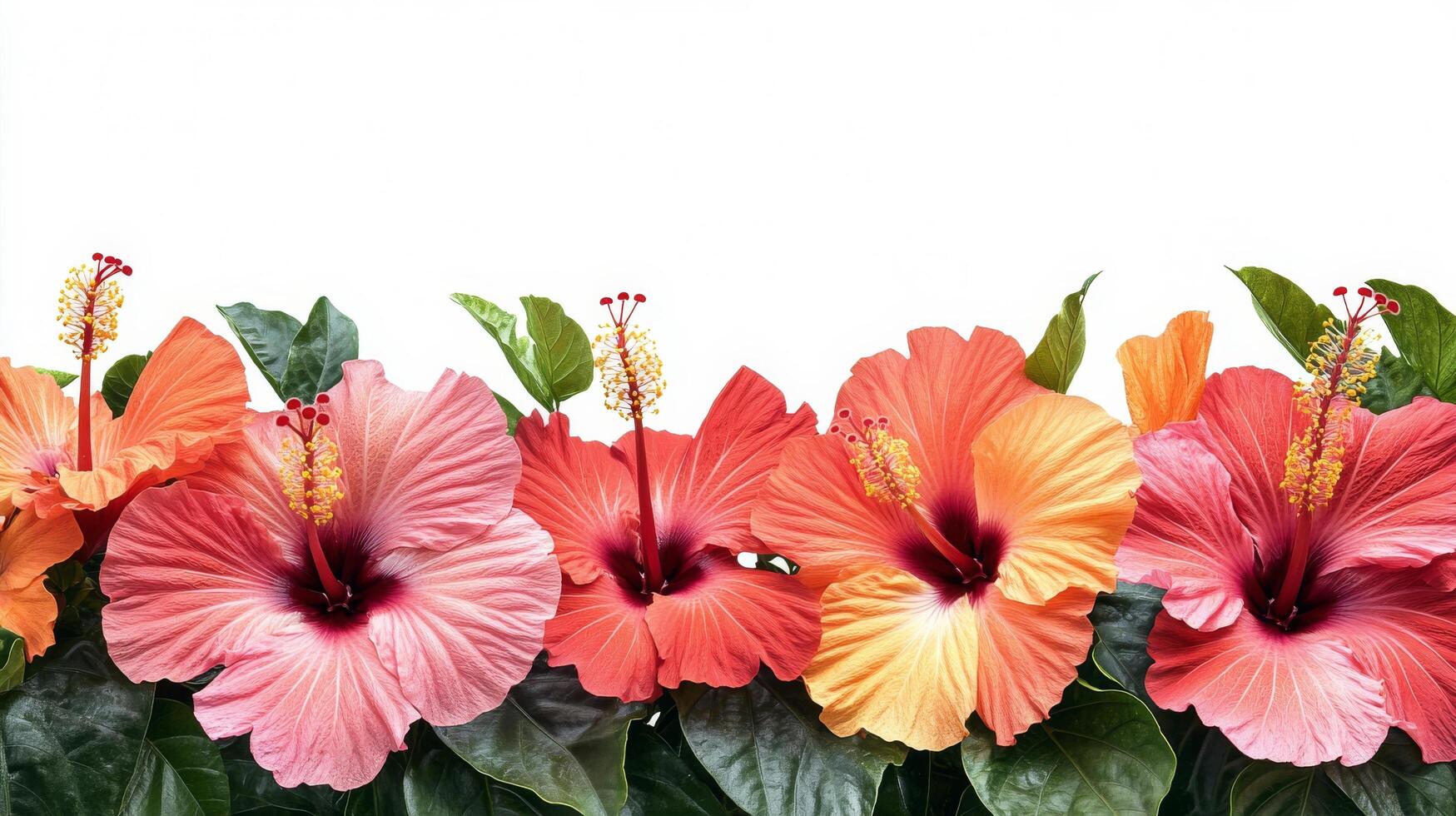 Several hibiscus flowers are arranged in a row photo
