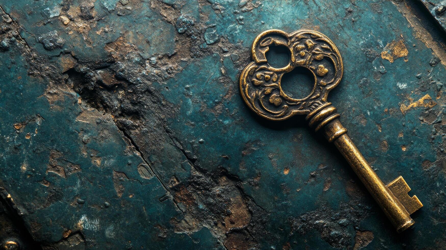 Vintage ornate key lying on a rusty surface with texture and detail captured in natural light photo