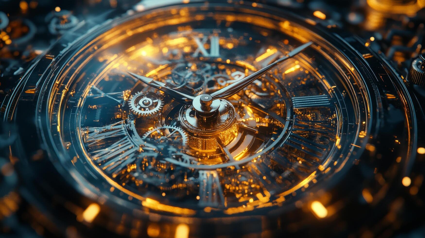 Intricate details of a mechanical watch with glowing components captured in macro view photo
