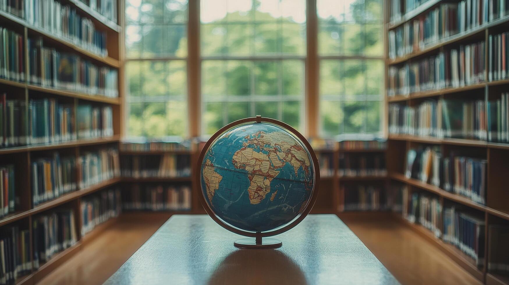 Globe in library with books and bookshelves photo