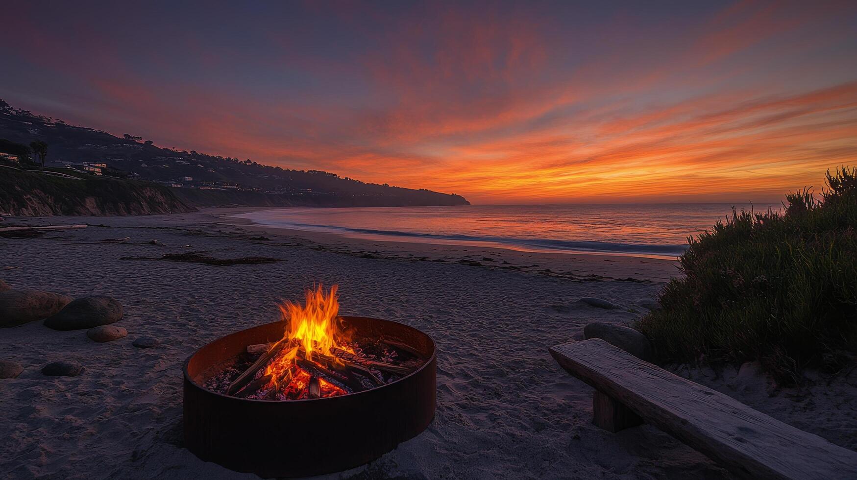 A fire pit on the beach at sunset photo