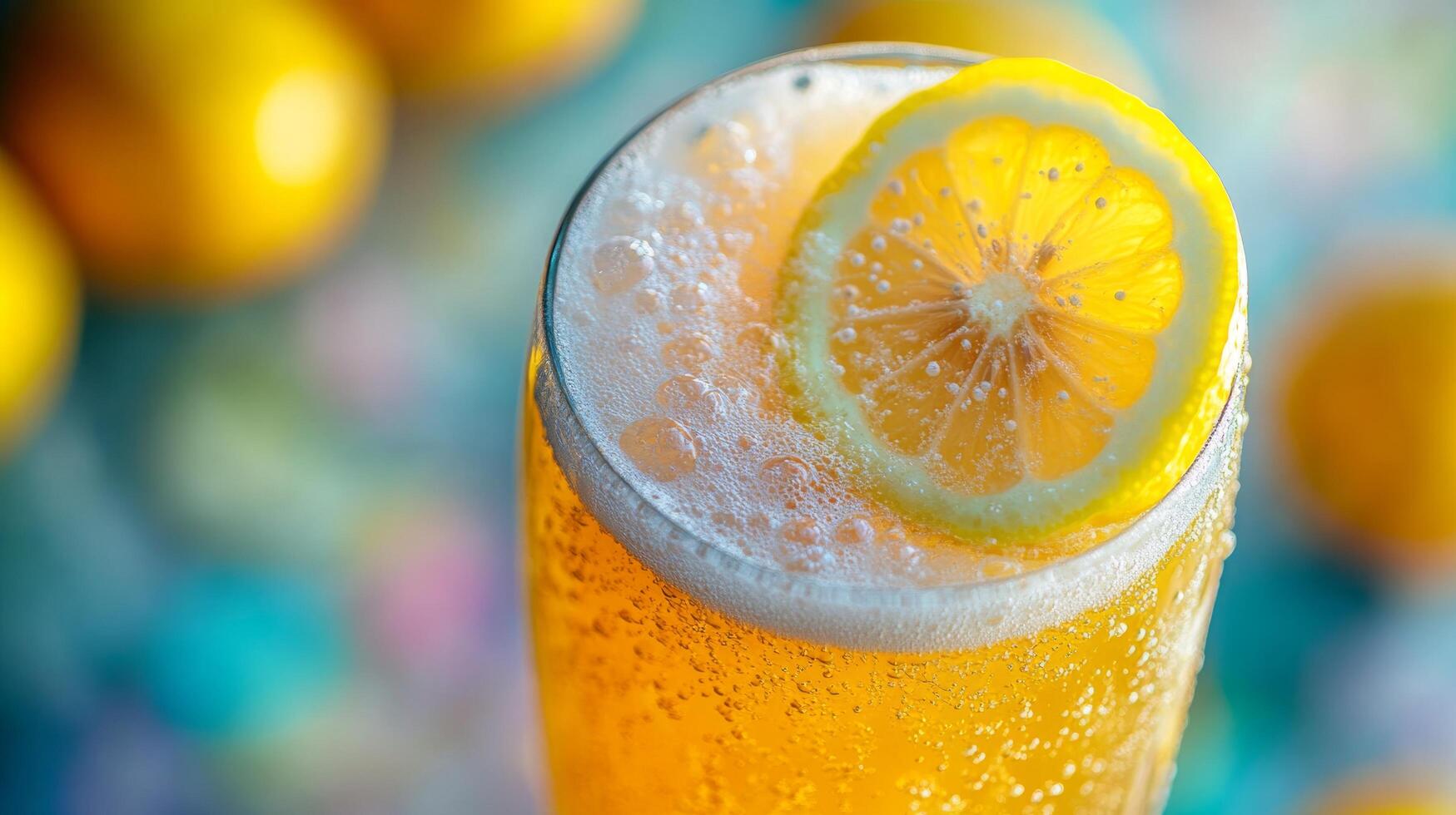 A glass of beer with a slice of lemon photo
