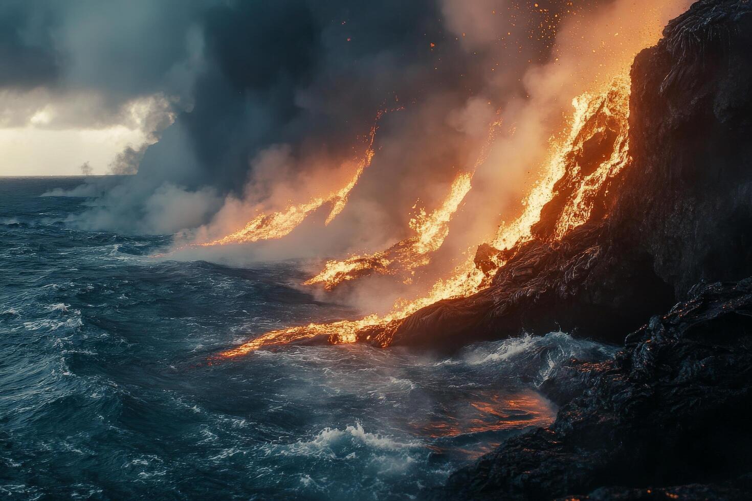 Lava flowing into the ocean from a cliff photo
