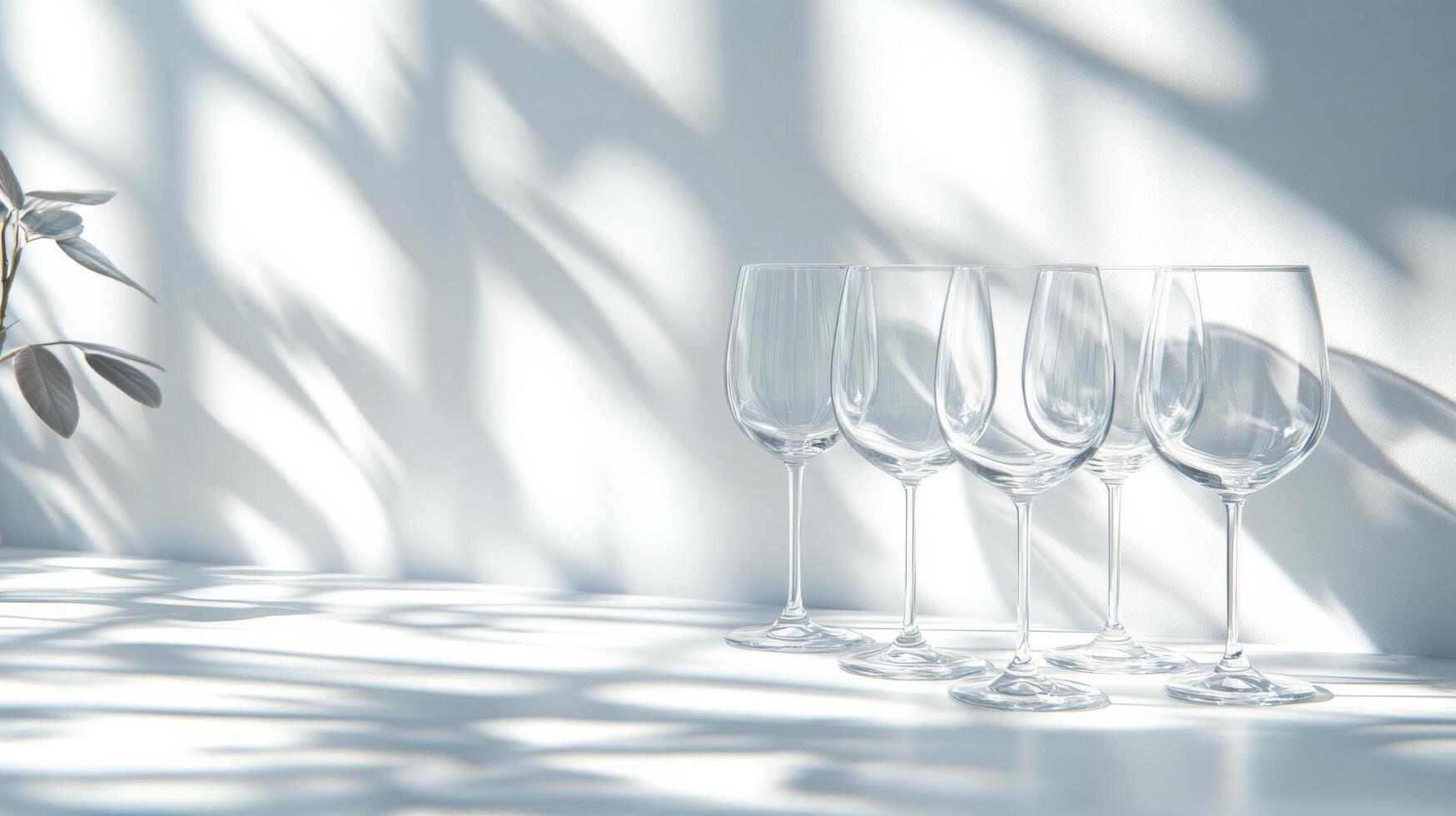 Three wine glasses sit on a table next to a vase photo