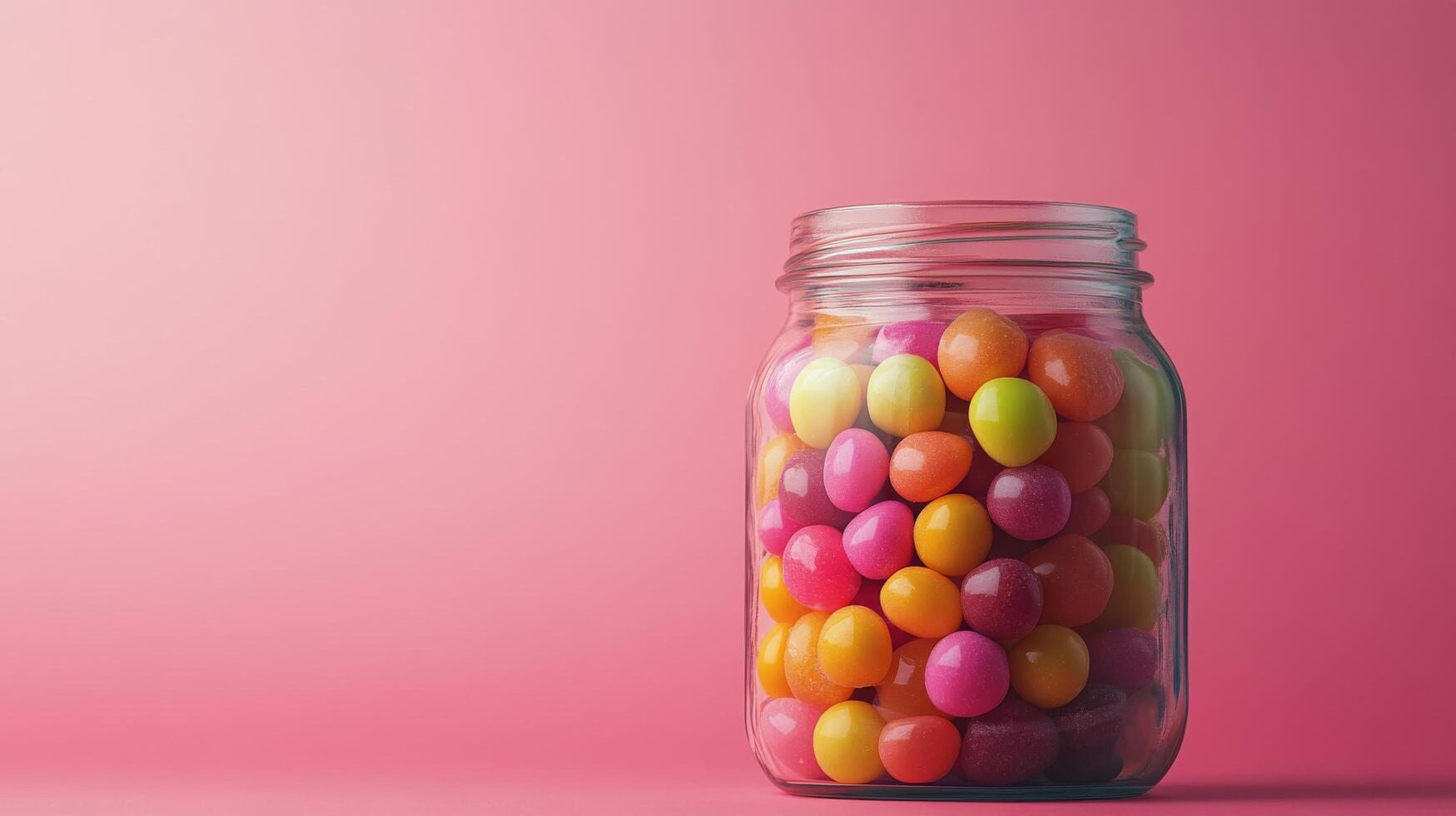 A jar filled with colorful candy on a pink background photo