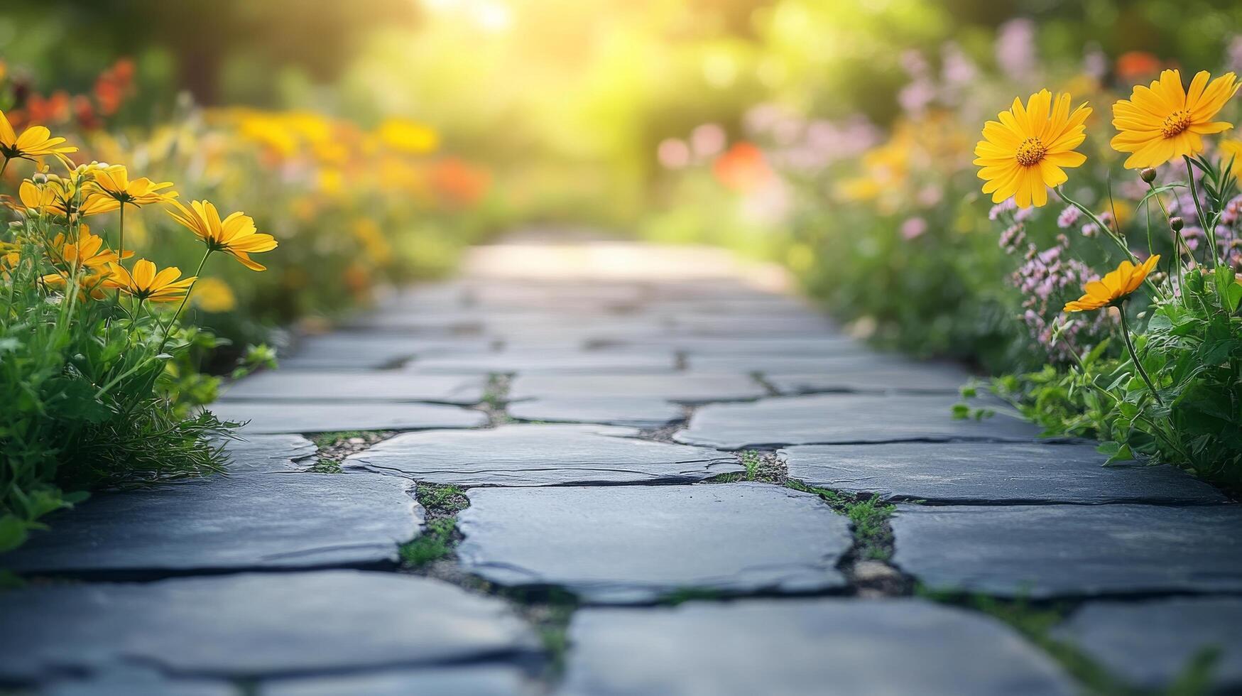 A stone path with flowers and grass in the background photo