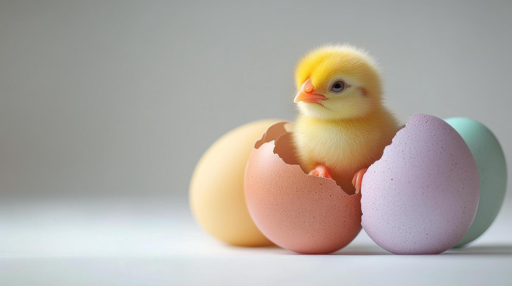 A small baby chick is sitting inside of an egg photo