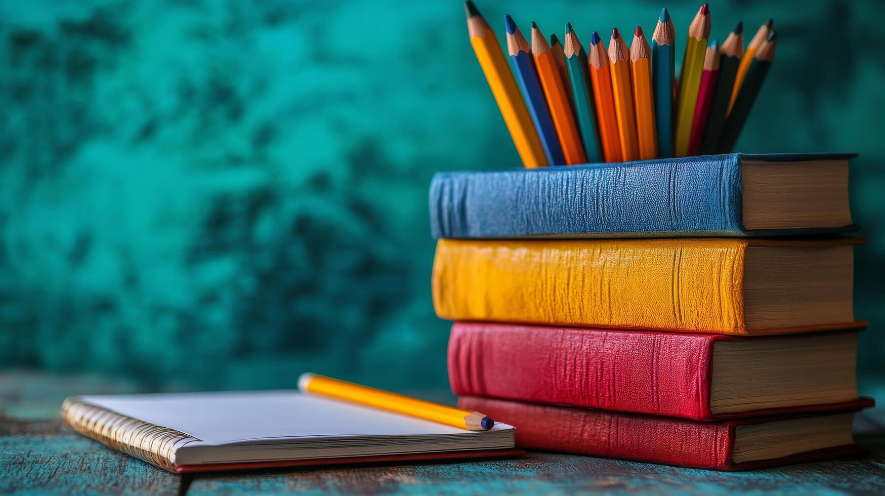 Colorful books and pencils on wooden table photo