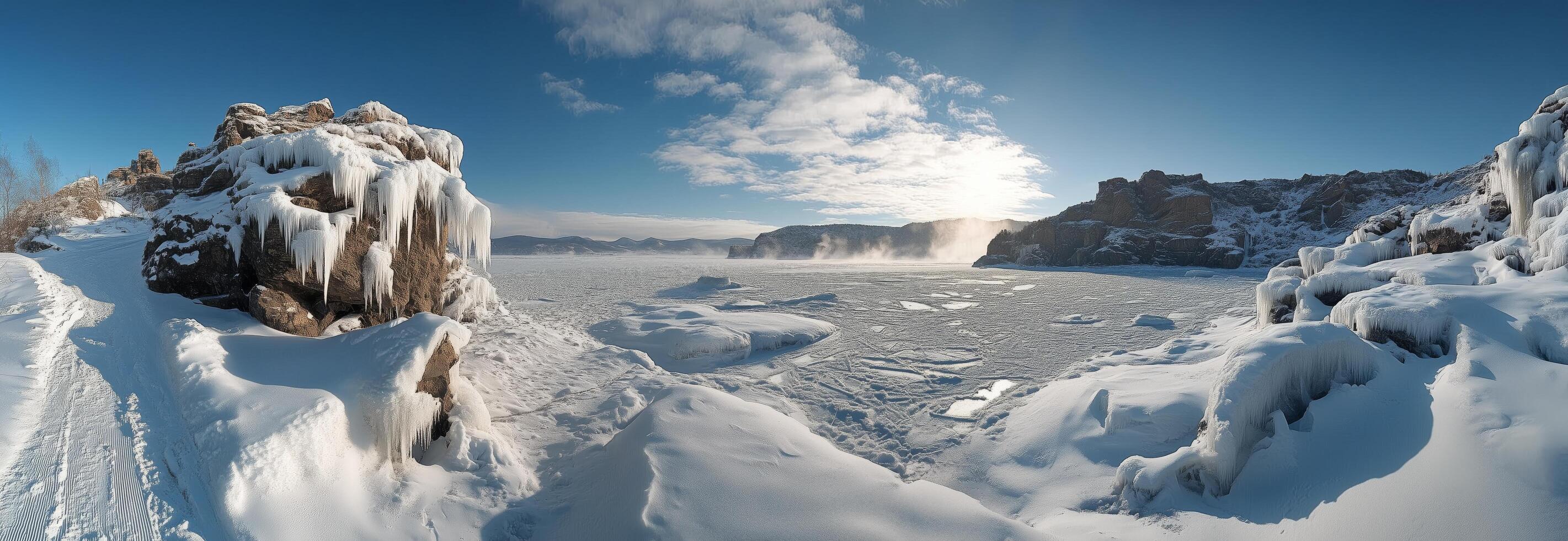 A panoramic view of a frozen lake photo