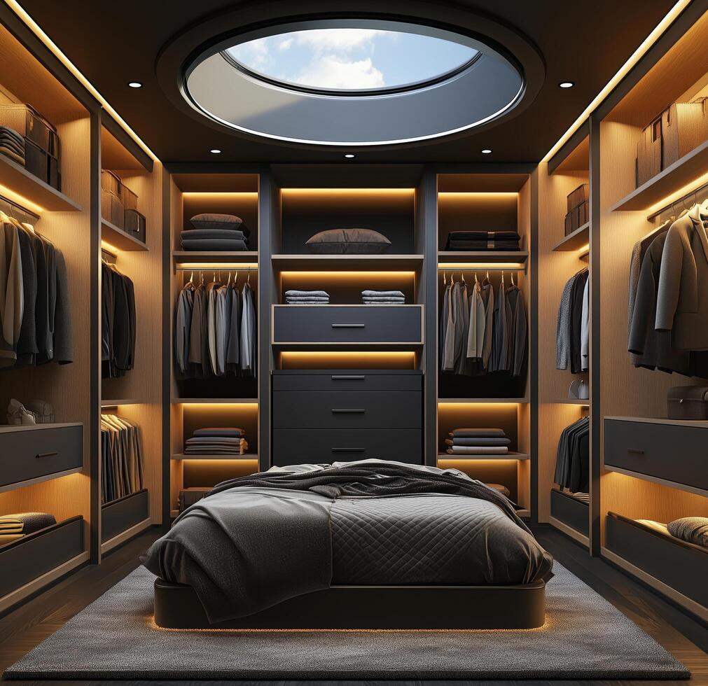 A modern walk in closet with a bed and clothes photo