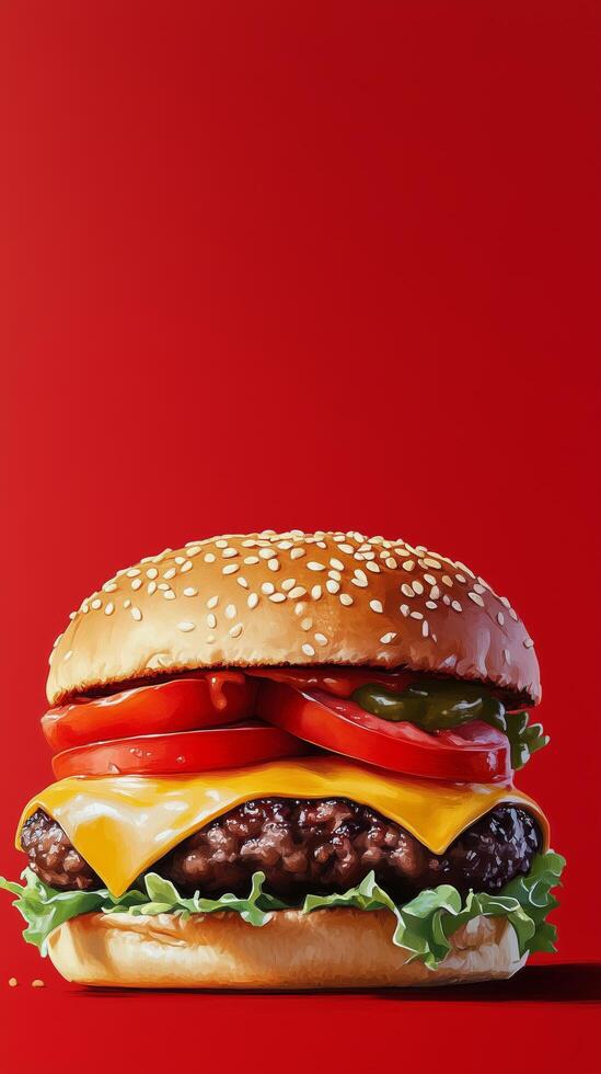 A hamburger with cheese, lettuce and tomatoes on a red background photo