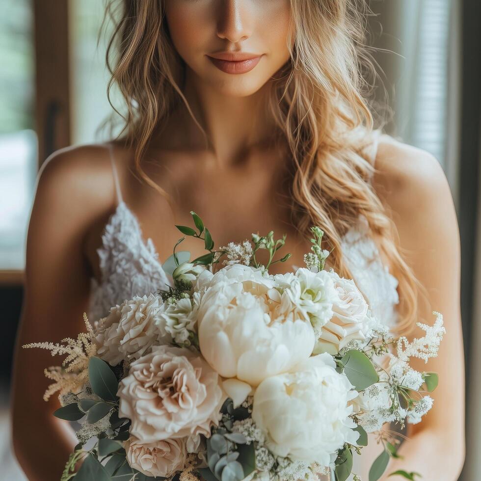 Beautiful bride holding her wedding bouquet photo