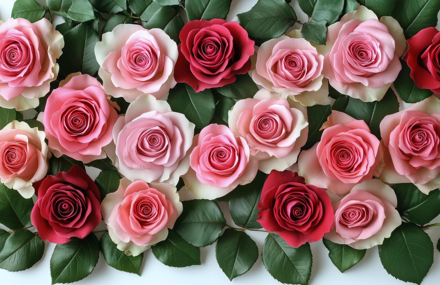 A group of pink and red roses are arranged in a row photo
