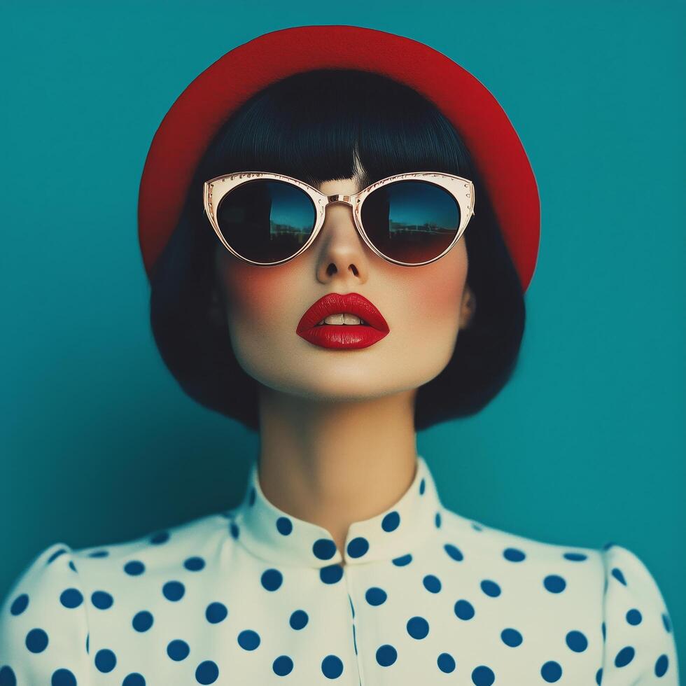 A woman wearing sunglasses and a red hat photo