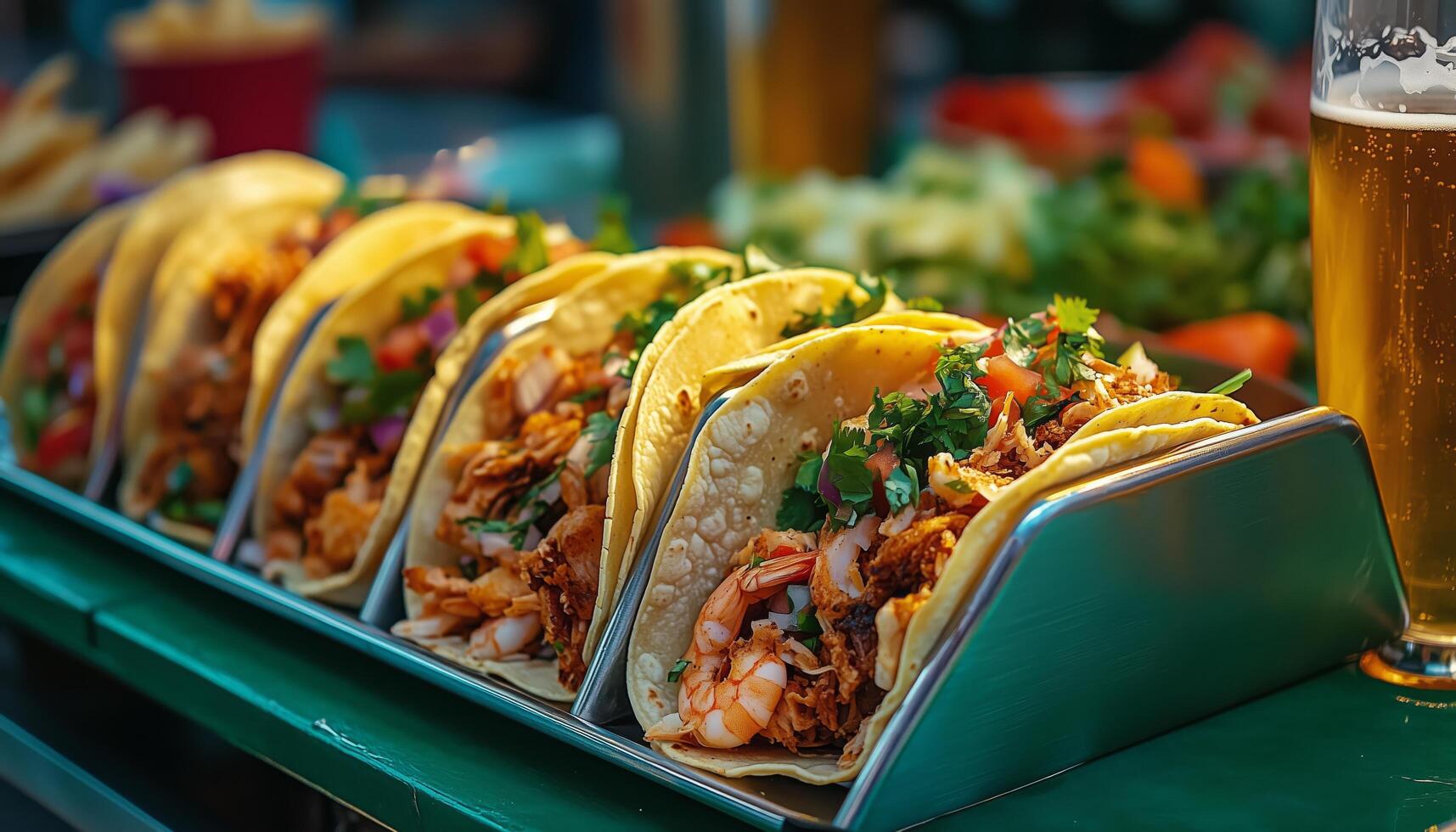 A tray of tacos with a beer in the background photo