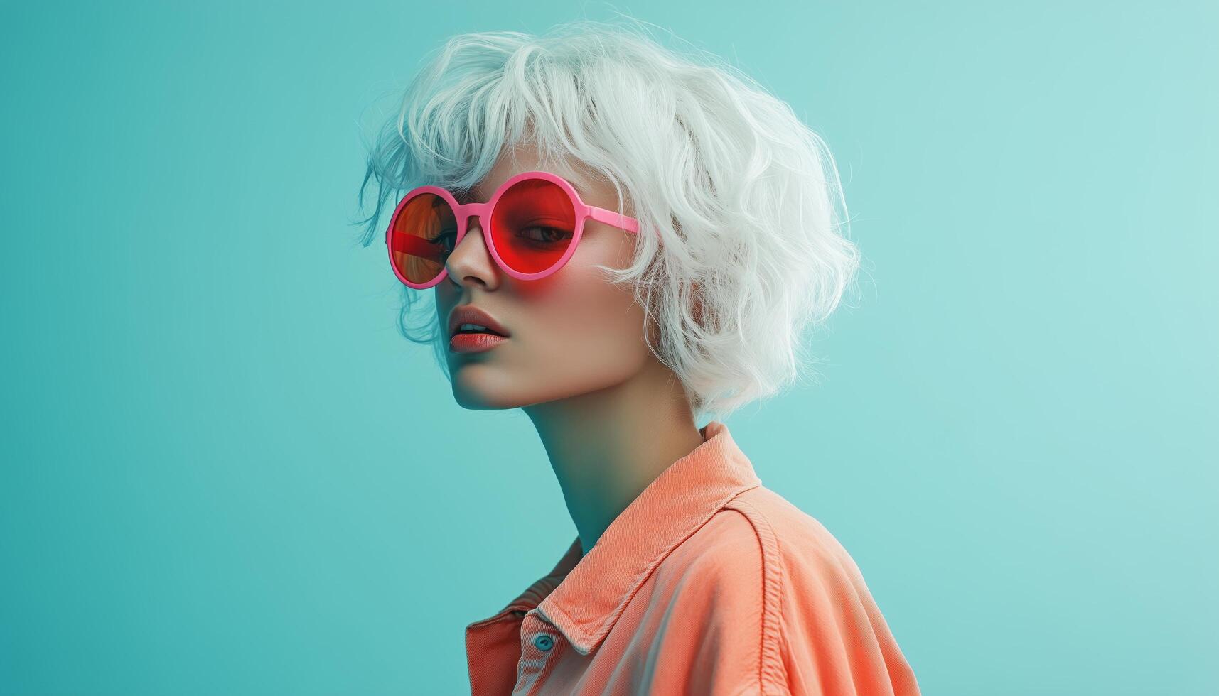 A woman with white hair and pink sunglasses photo