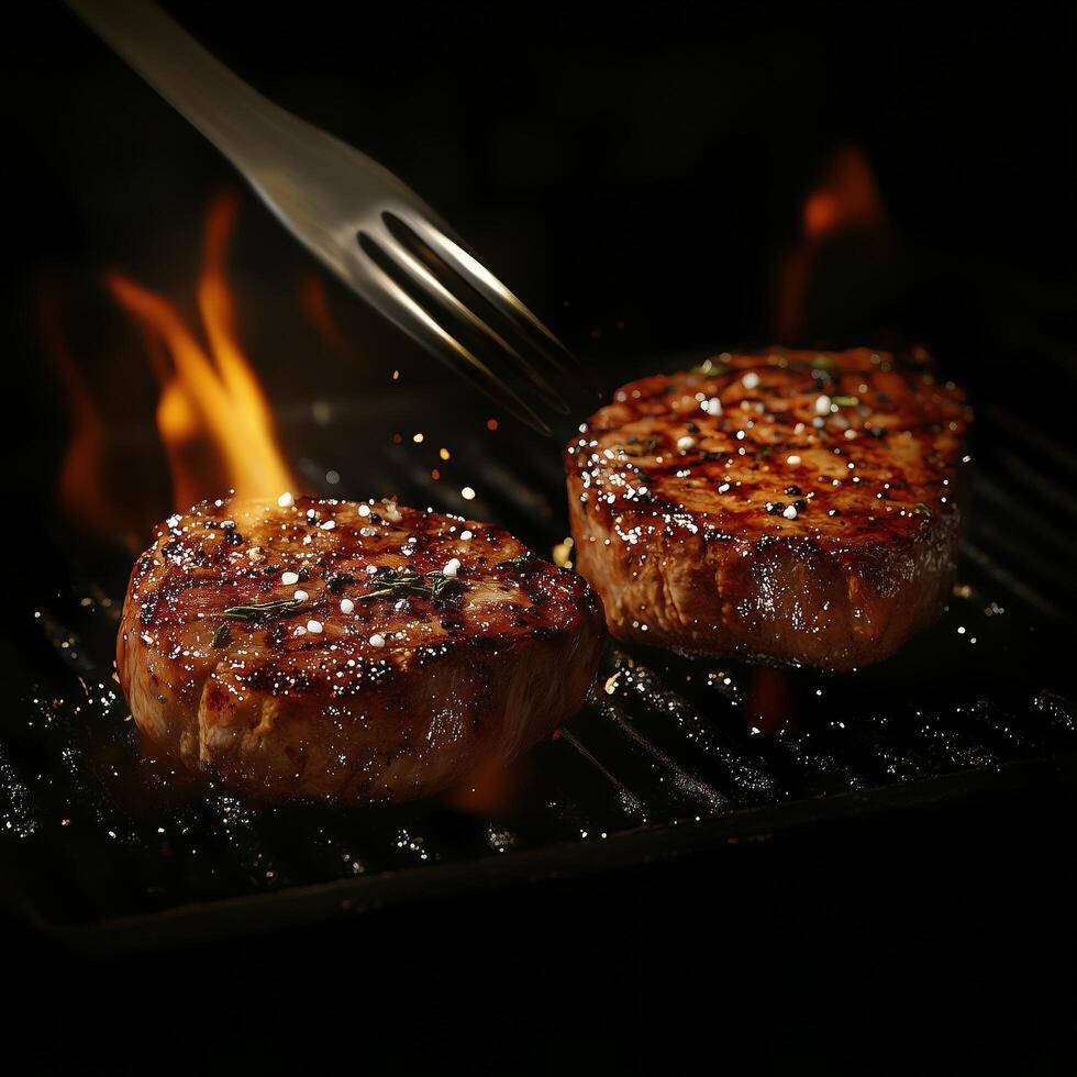 Two steaks are cooking on a grill with a fork photo