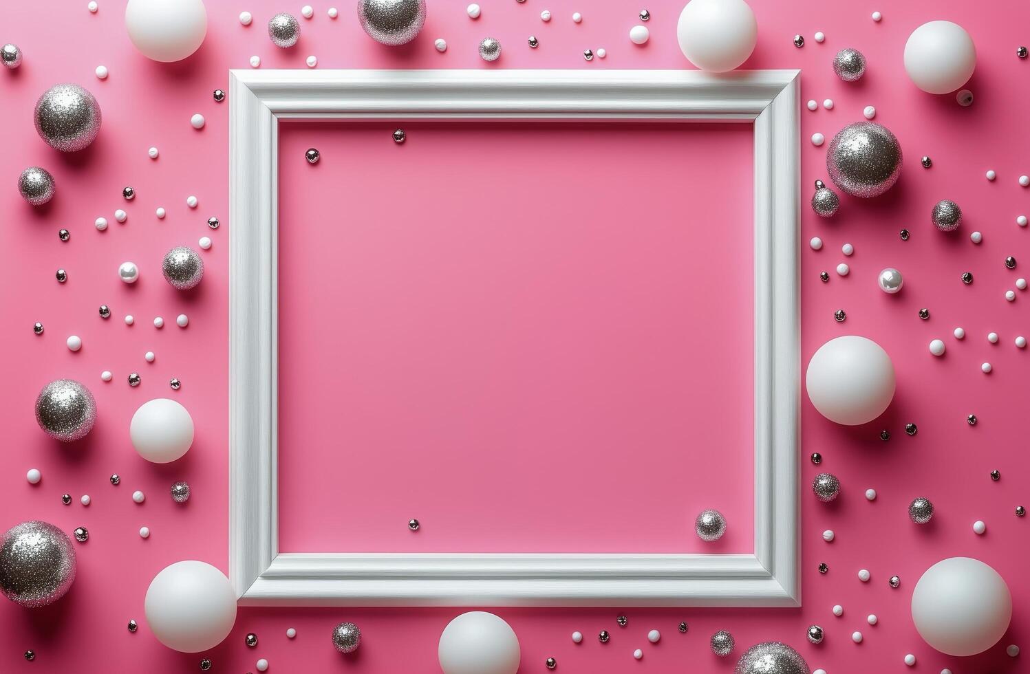 A pink background with silver and white balloons photo