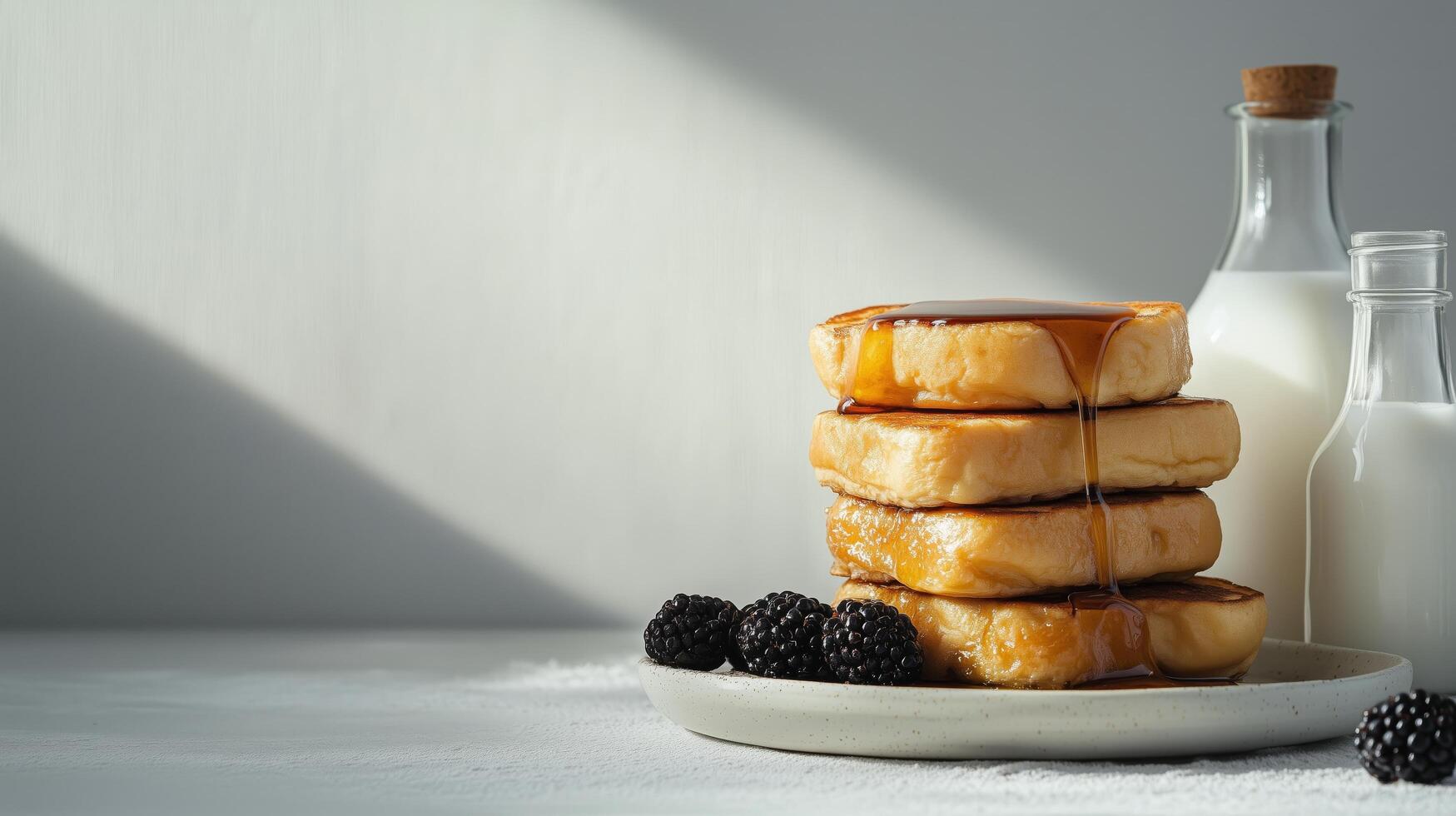 A stack of pancakes on a plate next to a bottle of milk photo