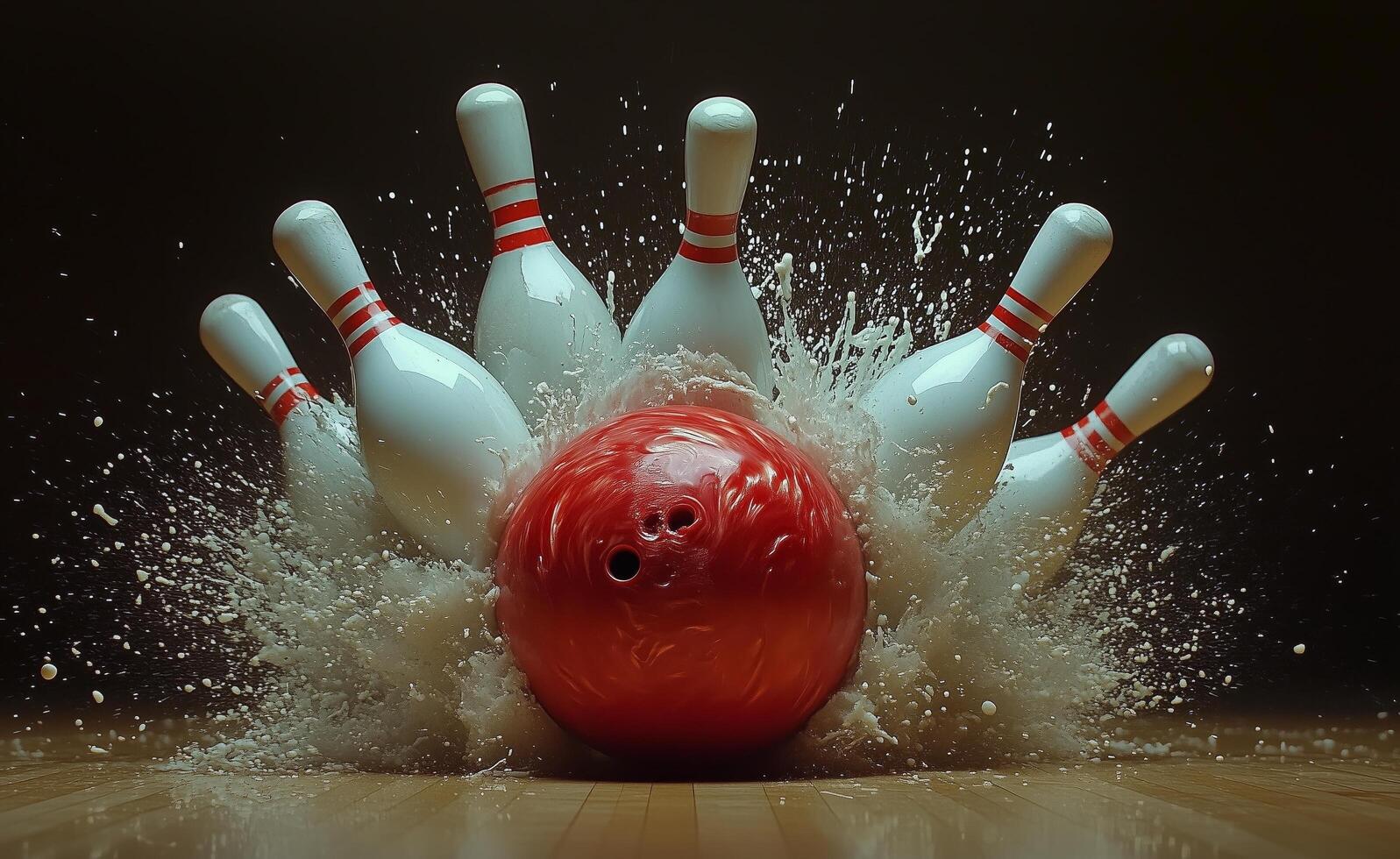 A bowling ball crashing into the pins photo