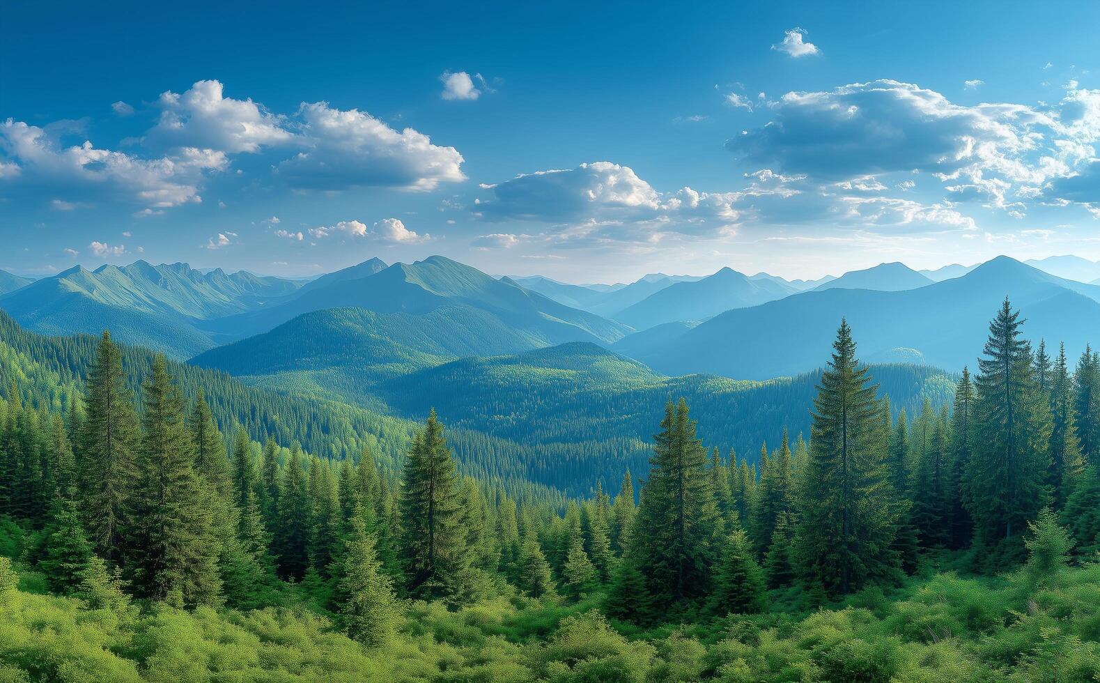 Beautiful mountain landscape with green trees and blue sky photo