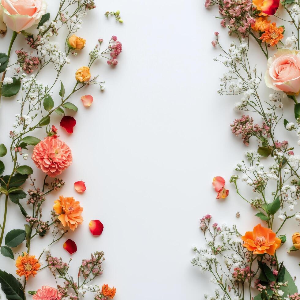 Flowers and leaves arranged in a border on a white surface photo