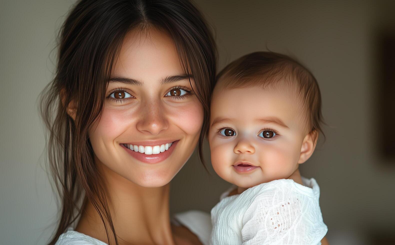 A woman holding a baby and smiling photo