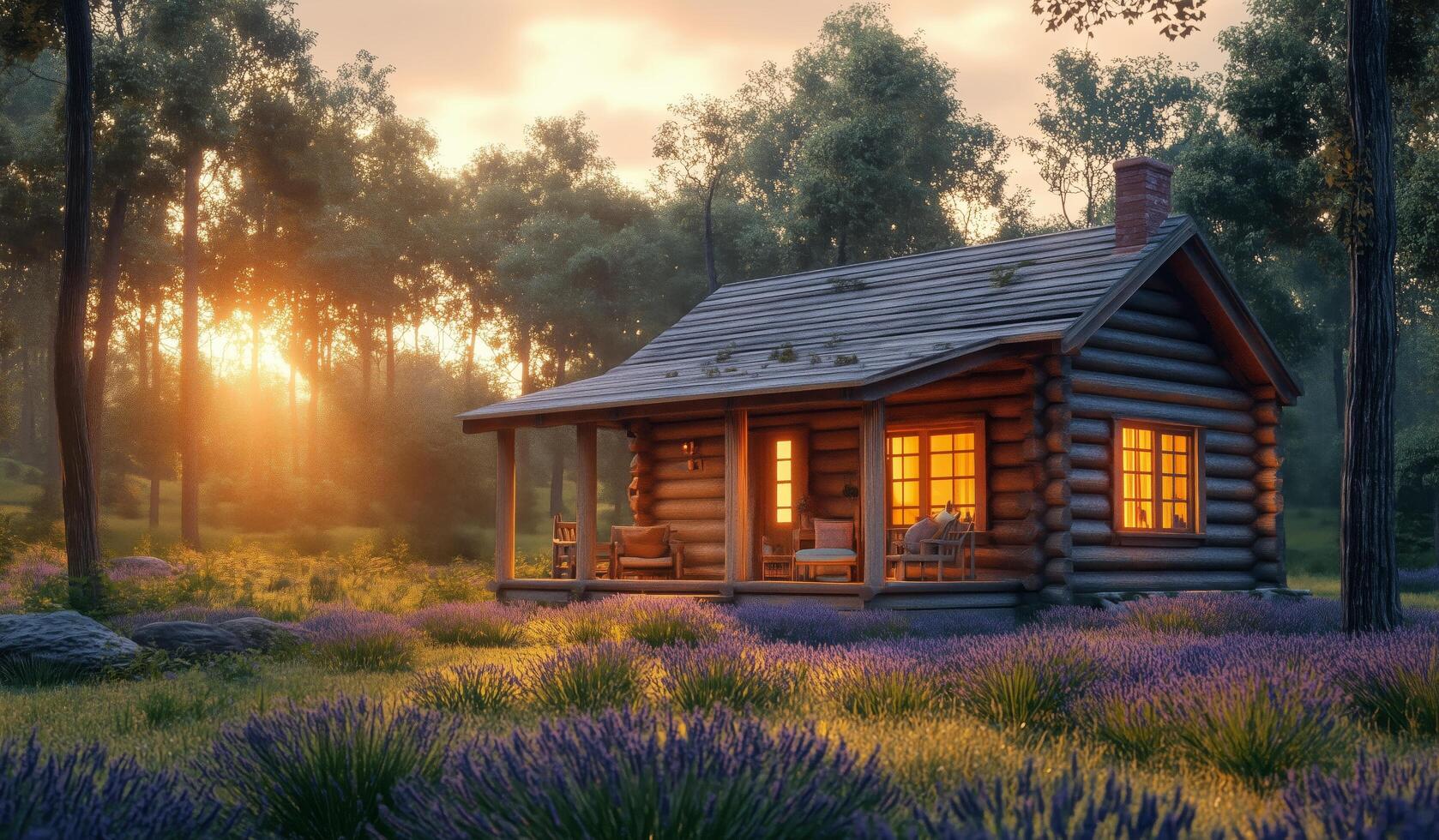 A small log cabin in the woods at sunset photo