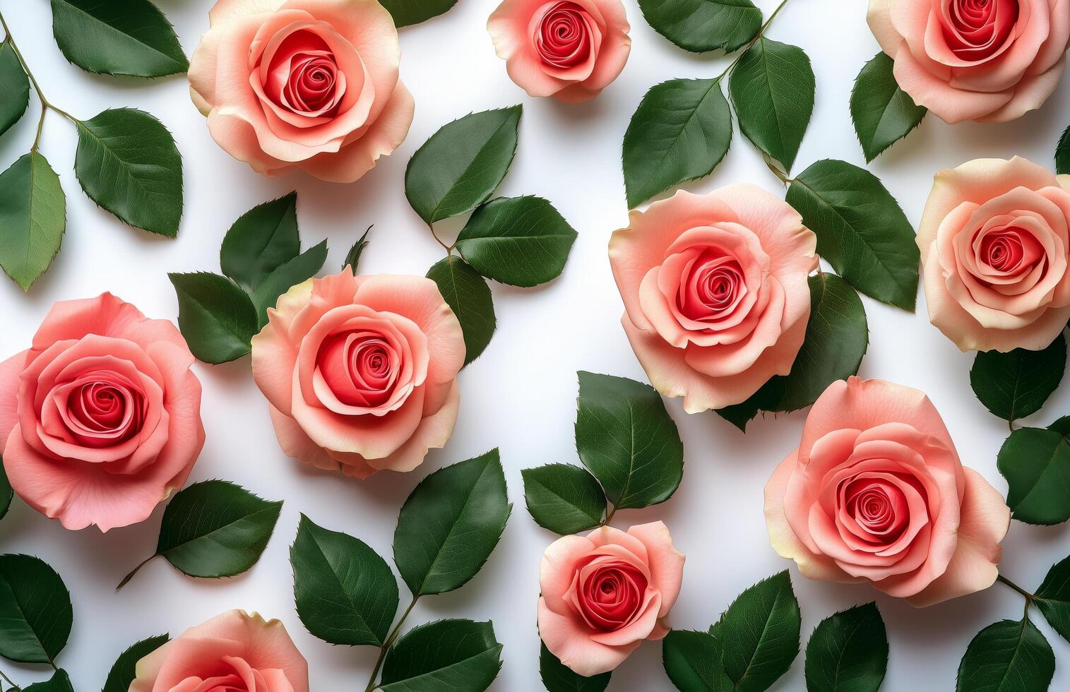 Pink roses are arranged in a circle on a white background photo