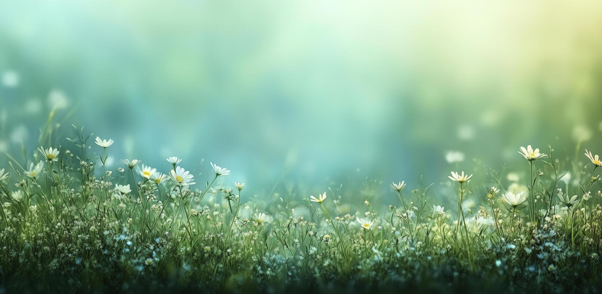 A field of daisies and grasses with a blue sky photo