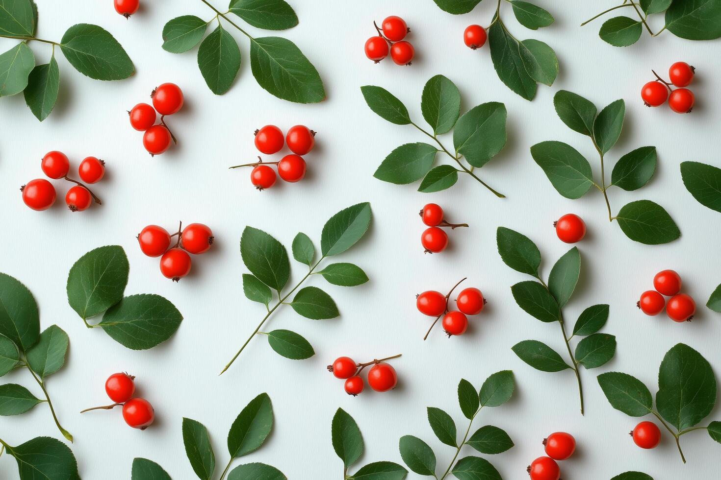 Red berries and green leaves on a white surface photo