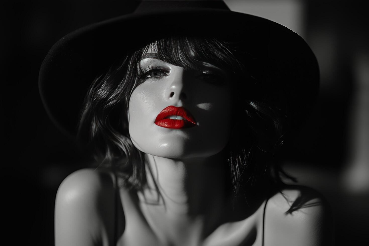 A woman with a hat and red lipstick photo