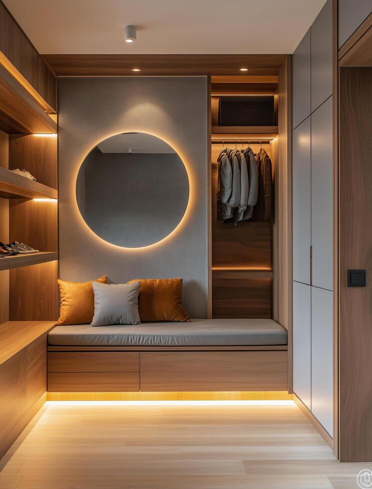 A modern walk in closet with a round mirror photo