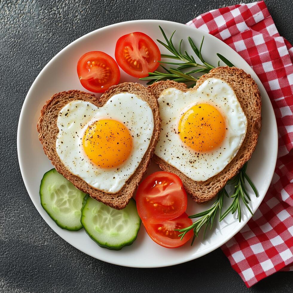 Heart shaped breakfast with eggs and vegetables photo