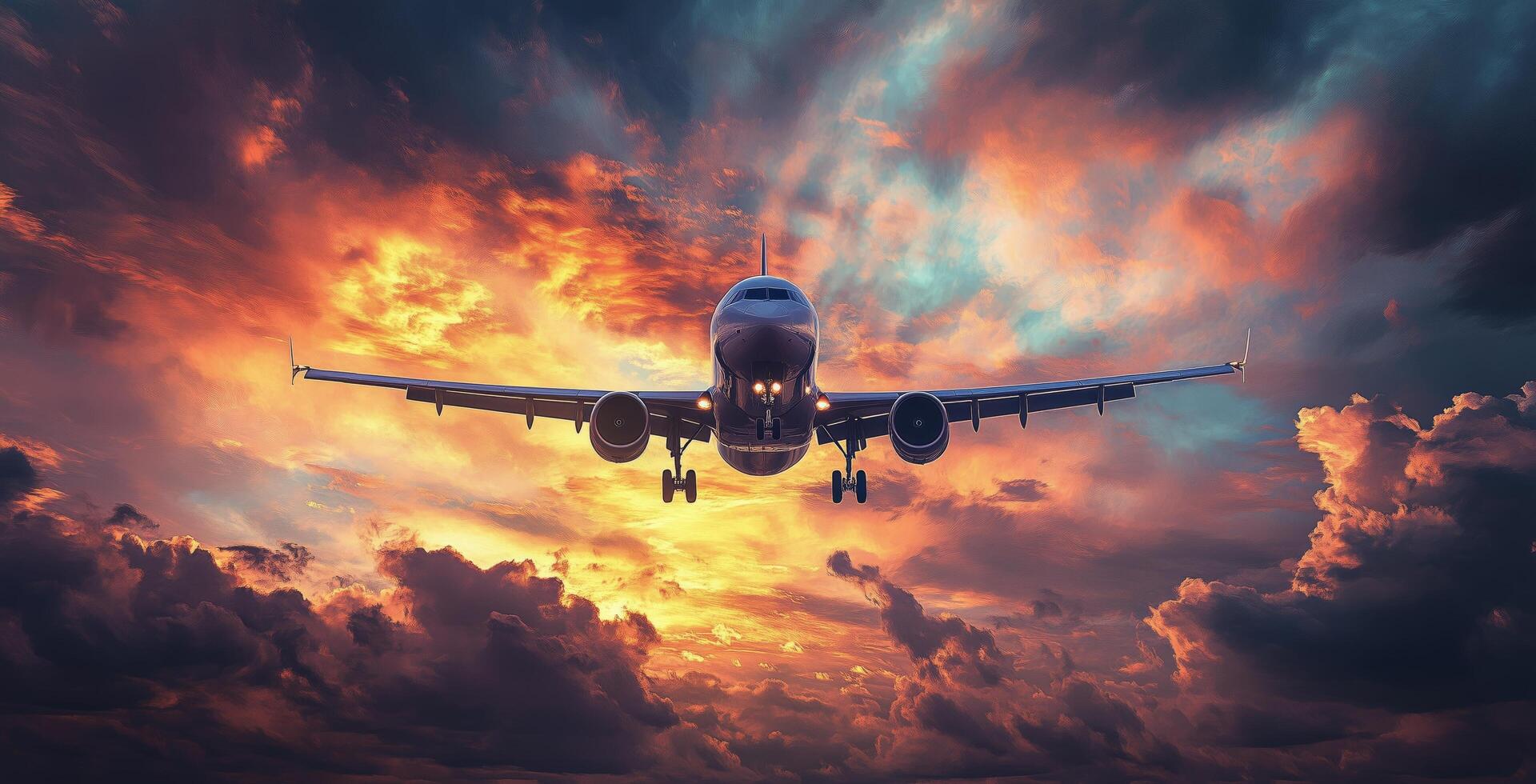An airplane flying through the sky with clouds in the background photo