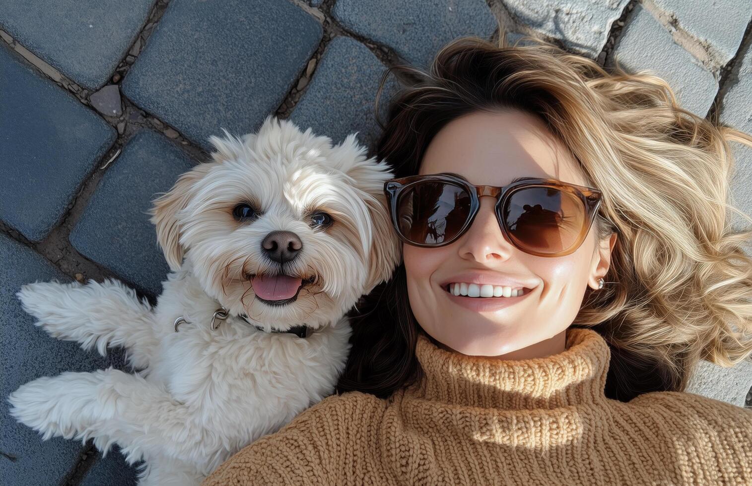 A woman with sunglasses and a dog laying on the ground photo