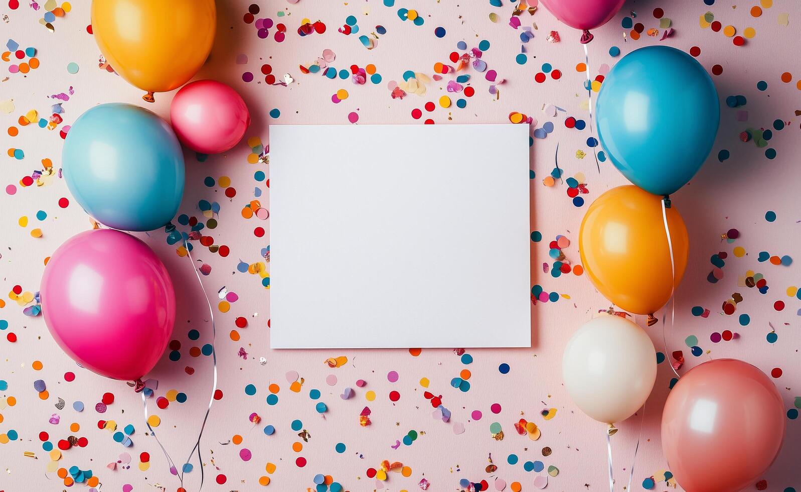 A blank card surrounded by colorful balloons and confetti photo