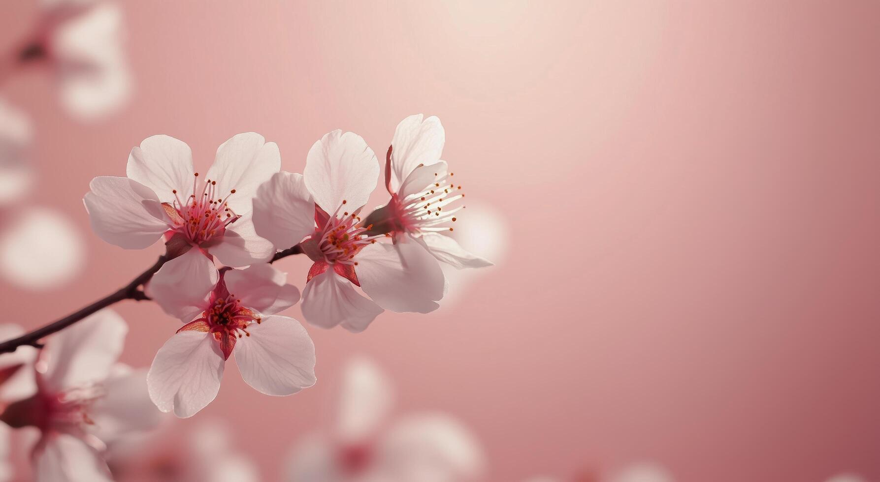 A close up of a cherry blossom on a pink background photo